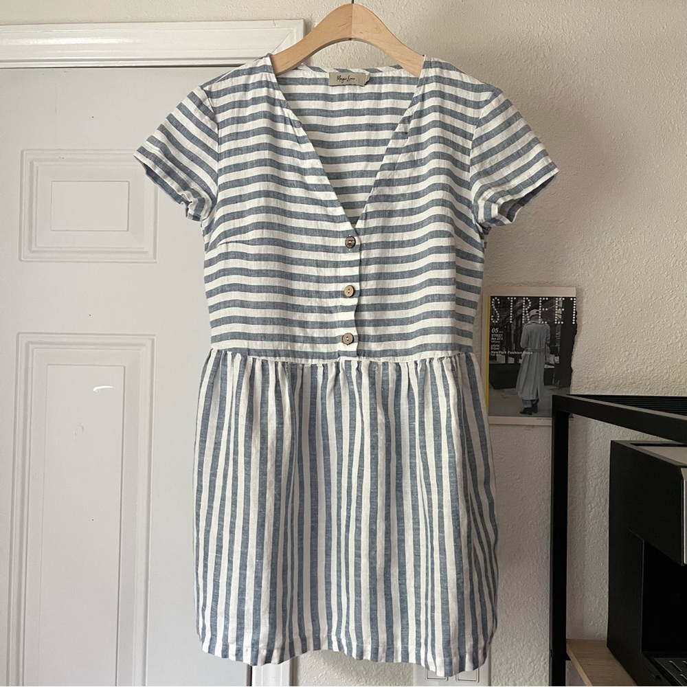 MAGICLINEN blue white linen v neck striped button up short sleeve mini dress